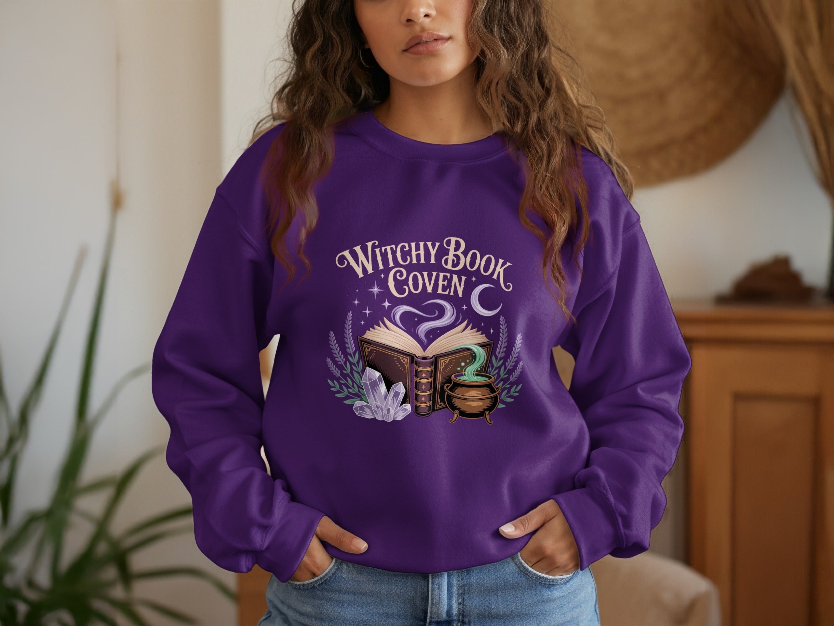 Witchy Book Coven design on purple sweatshirt product