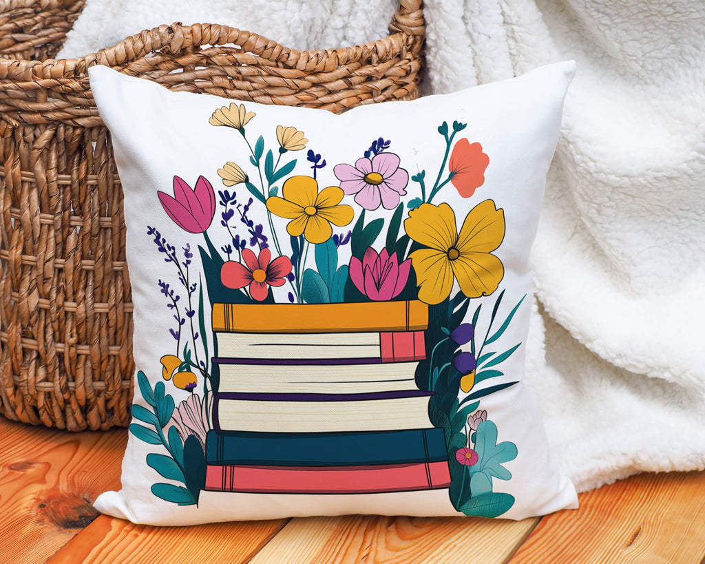 Colorful Floral and Books Design Throw Pillow product