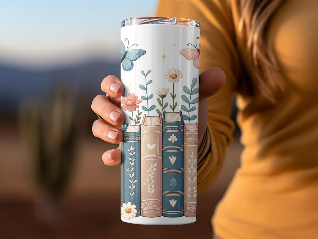 Floral Book Stack Tumbler, Butterfly Design Travel Mug, Nature Lovers Cup, Bookworm Gift, Floral and Butterfly Drinkware