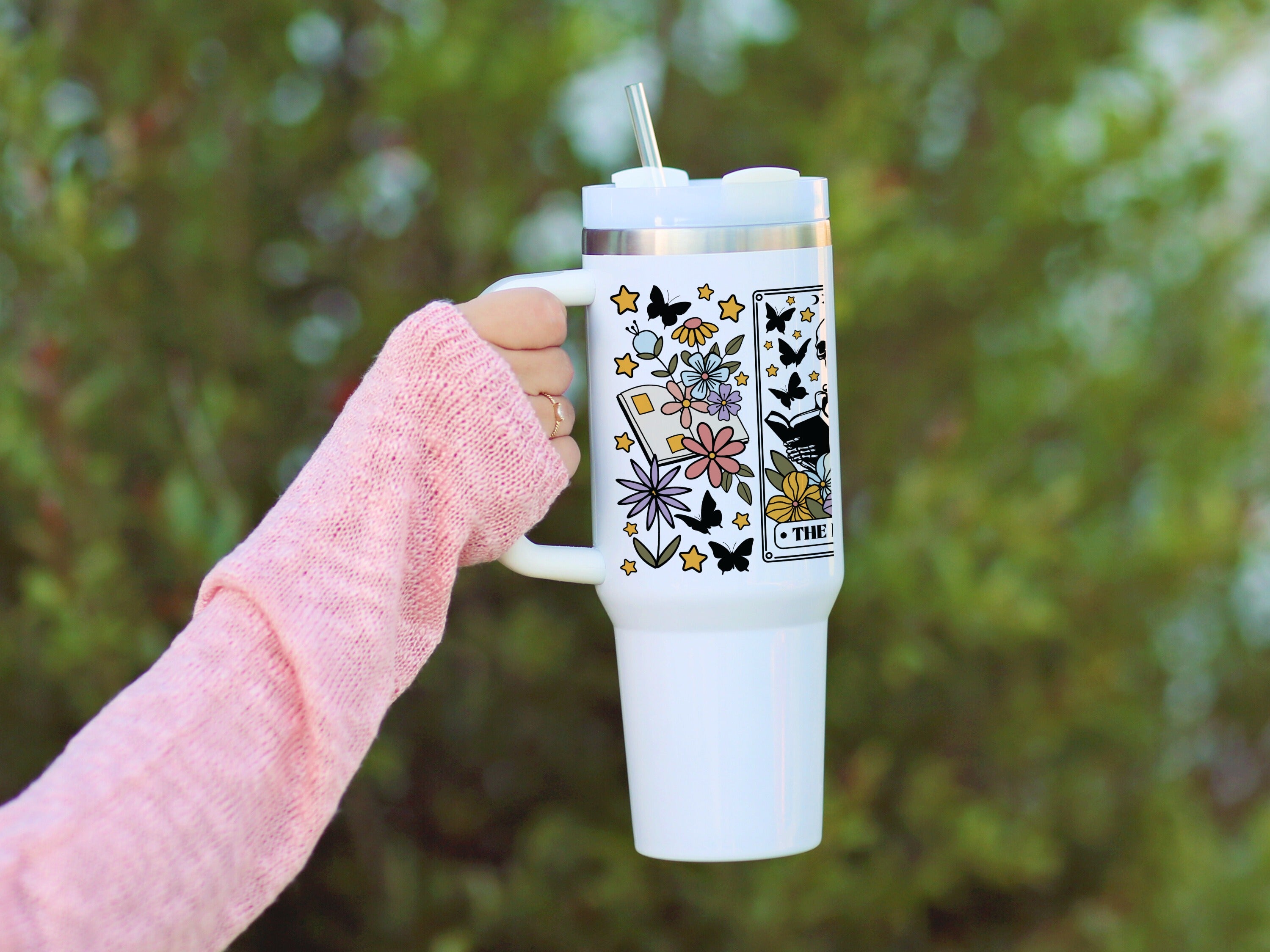 Colorful Butterfly and Flower Design Travel Mug product