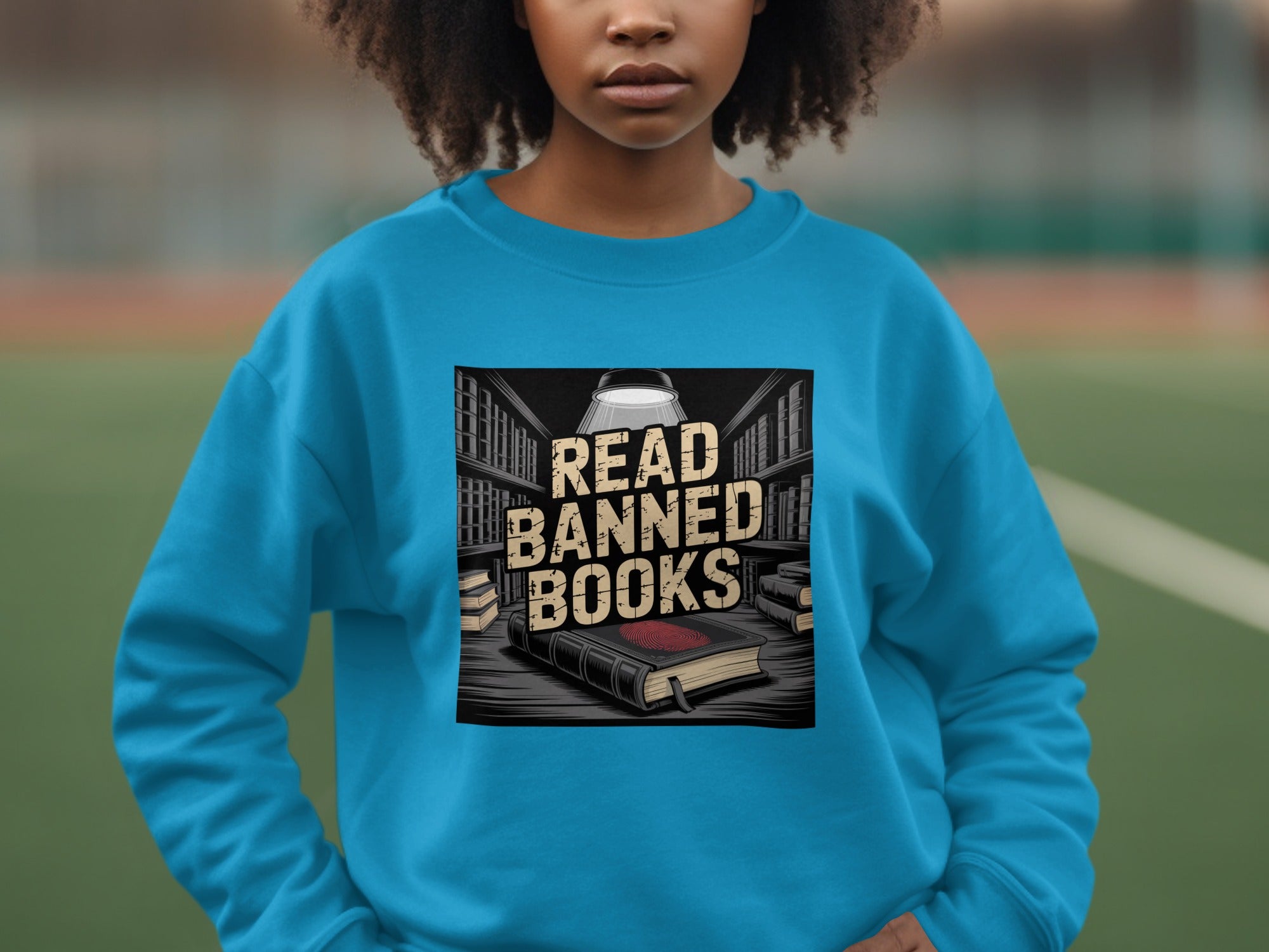 Read Banned Books Design on Blue Sweatshirt product type