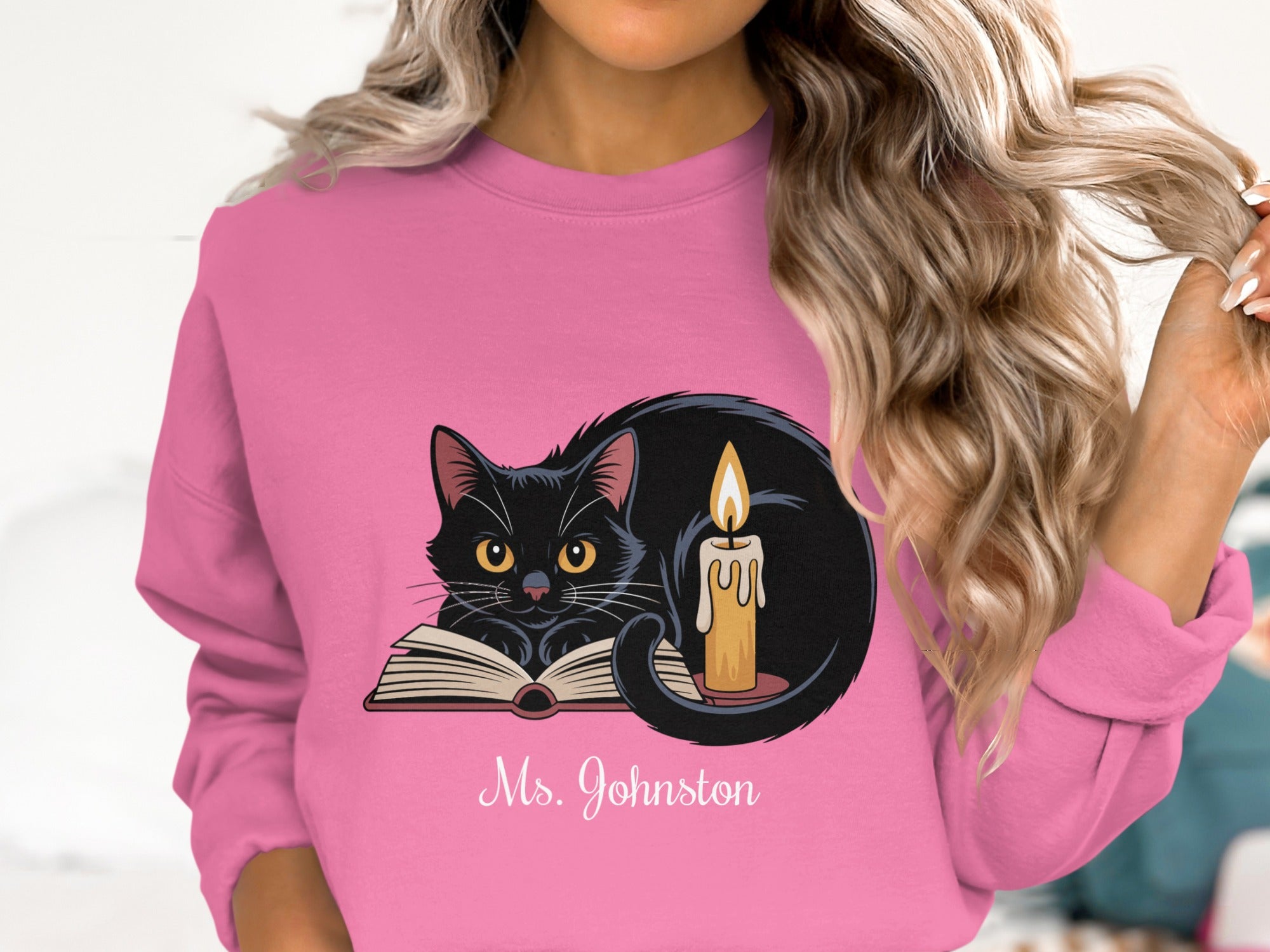 Black Cat with Candle Graphic Pink Sweatshirt Product