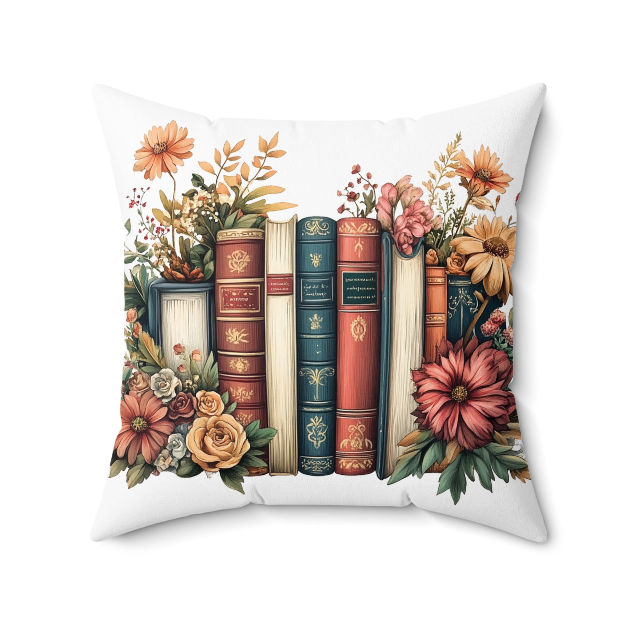Vintage Books and Flowers Illustration Pillow product