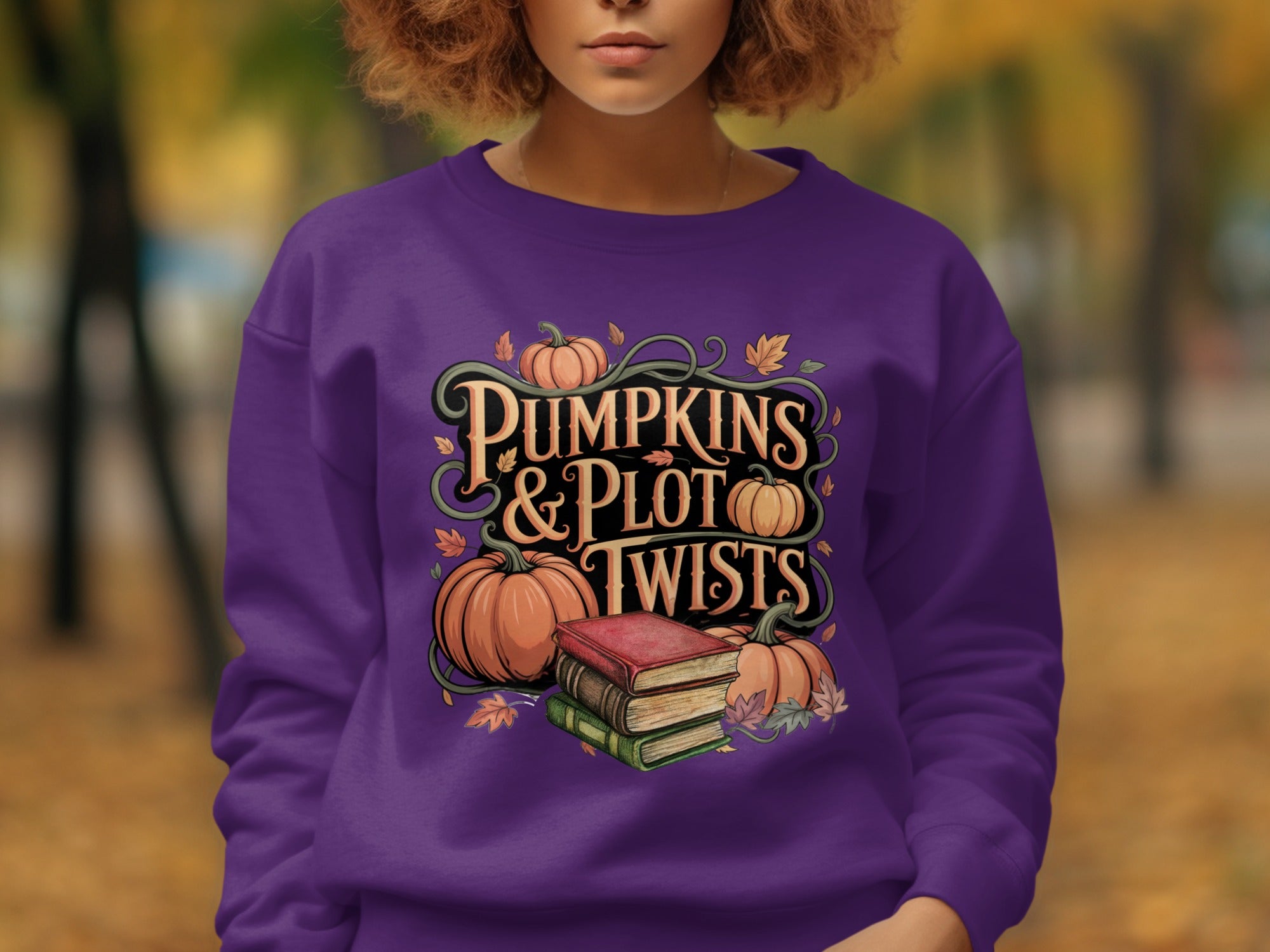 Pumpkins and Plot Twists Graphic Purple Sweatshirt product