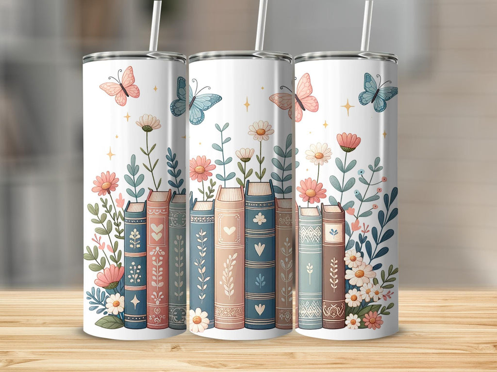 Vintage Book Print Tumbler, Floral and Butterfly Cup, Library Decor, Book Lover Gift, Bookish Stainless Steel Tumbler, Spring Mug