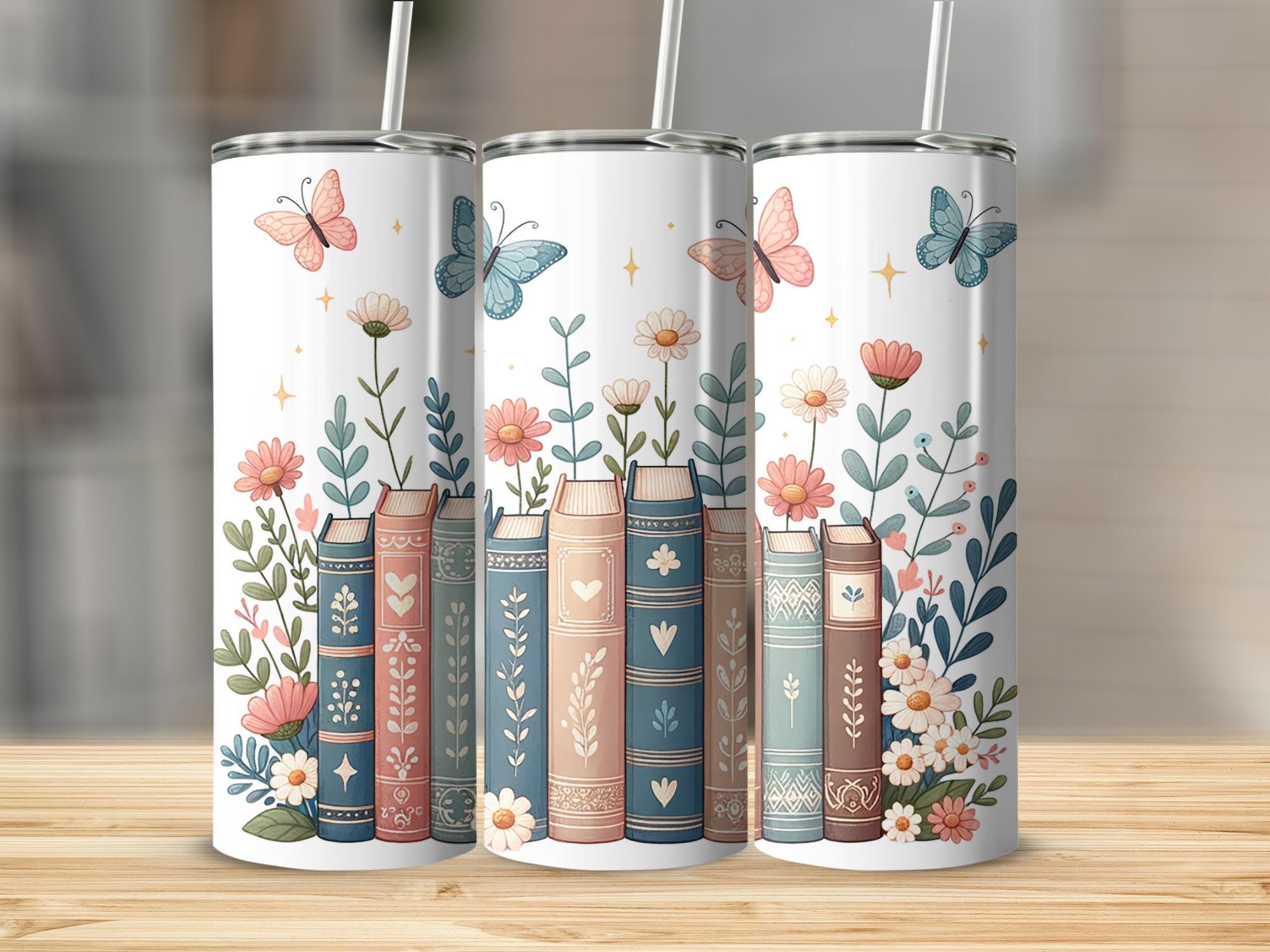 Vintage Book Print Tumbler, Floral and Butterfly Cup, Library Decor, Book Lover Gift, Bookish Stainless Steel Tumbler, Spring Mug