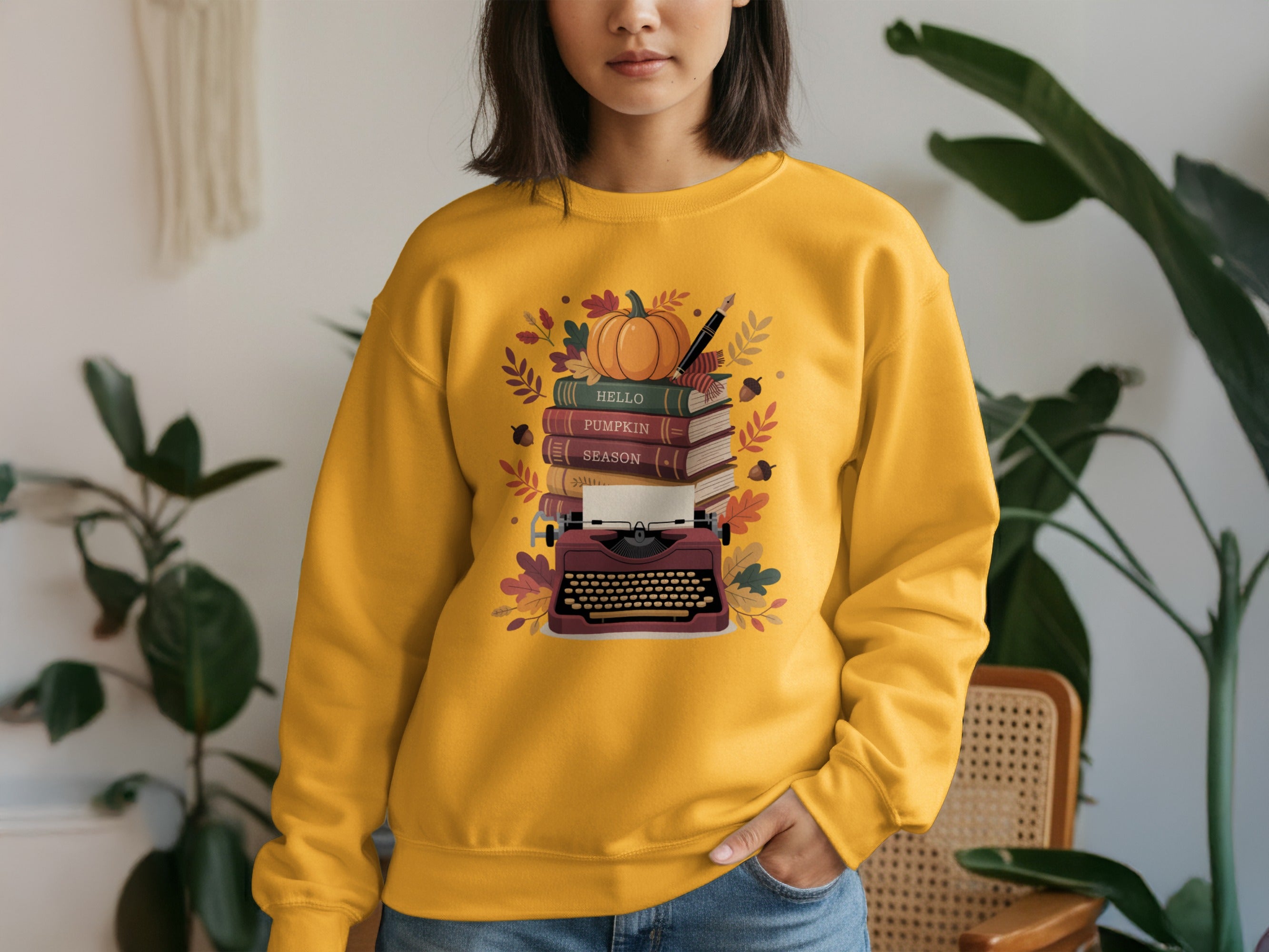 Stylish Yellow Sweatshirt with Autumn Books Typing Product