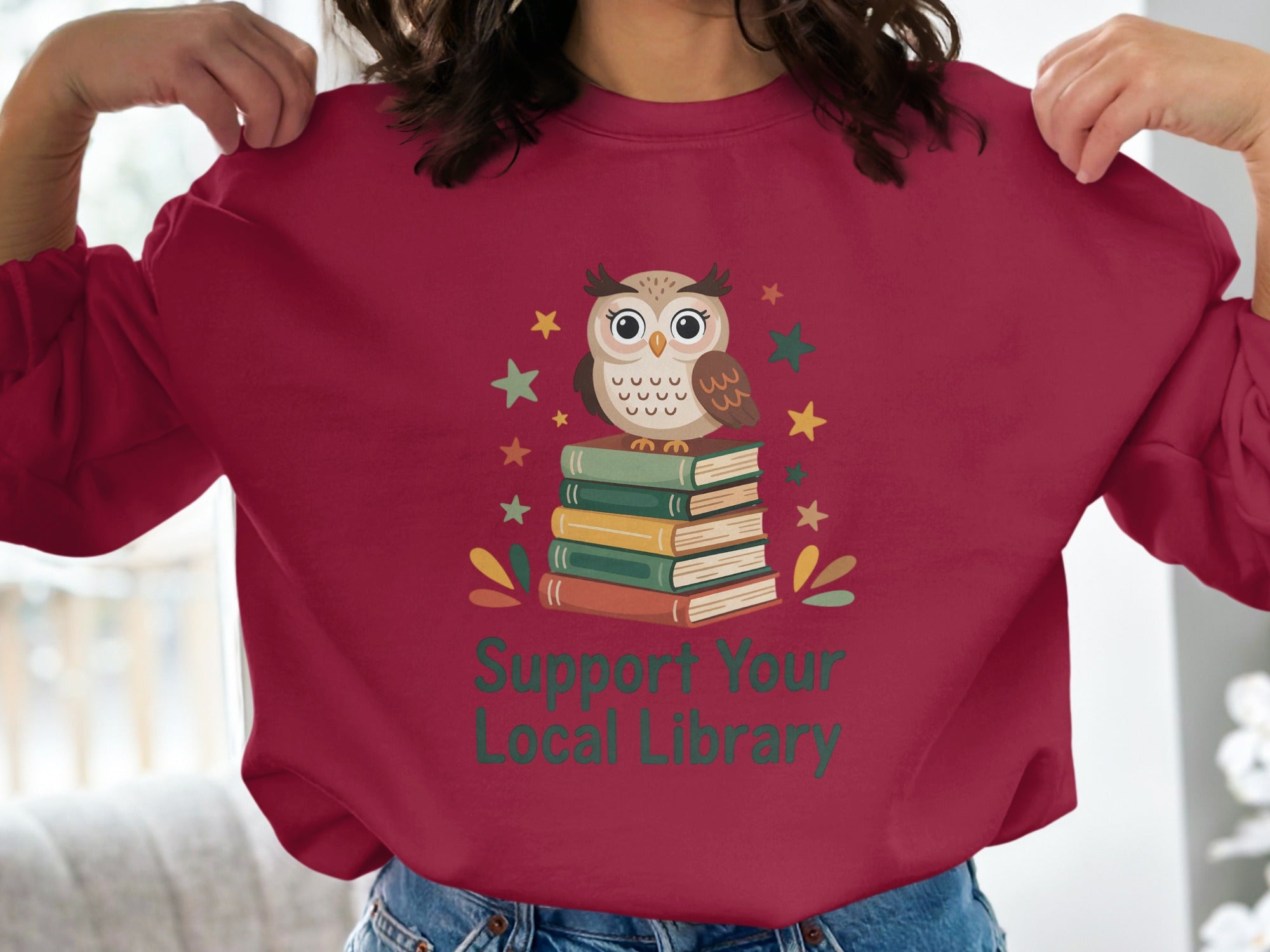 Support Your Local Library Image on Red Shirt product